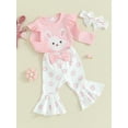 thumbnail image 3 of Suealasg Baby Girls Easter Outfits 3M 6M 12M 18M Infant Girls Long Sleeves Bunny Embroidery Romper +Dot Print Flared Pants +Headband Set Newborn Girls Spring Clothes, 3 of 9