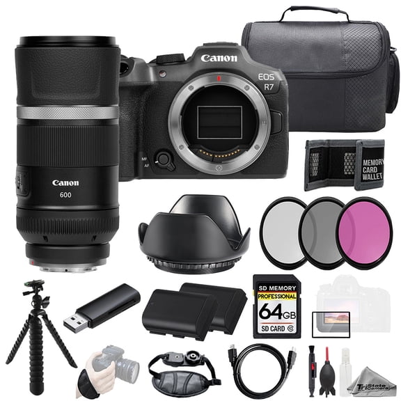 Canon EOS R7 Camera   RF 600mm f/11 IS STM Lens  64GB   Ext Bat  3 PC Filter- Kit (International Version)