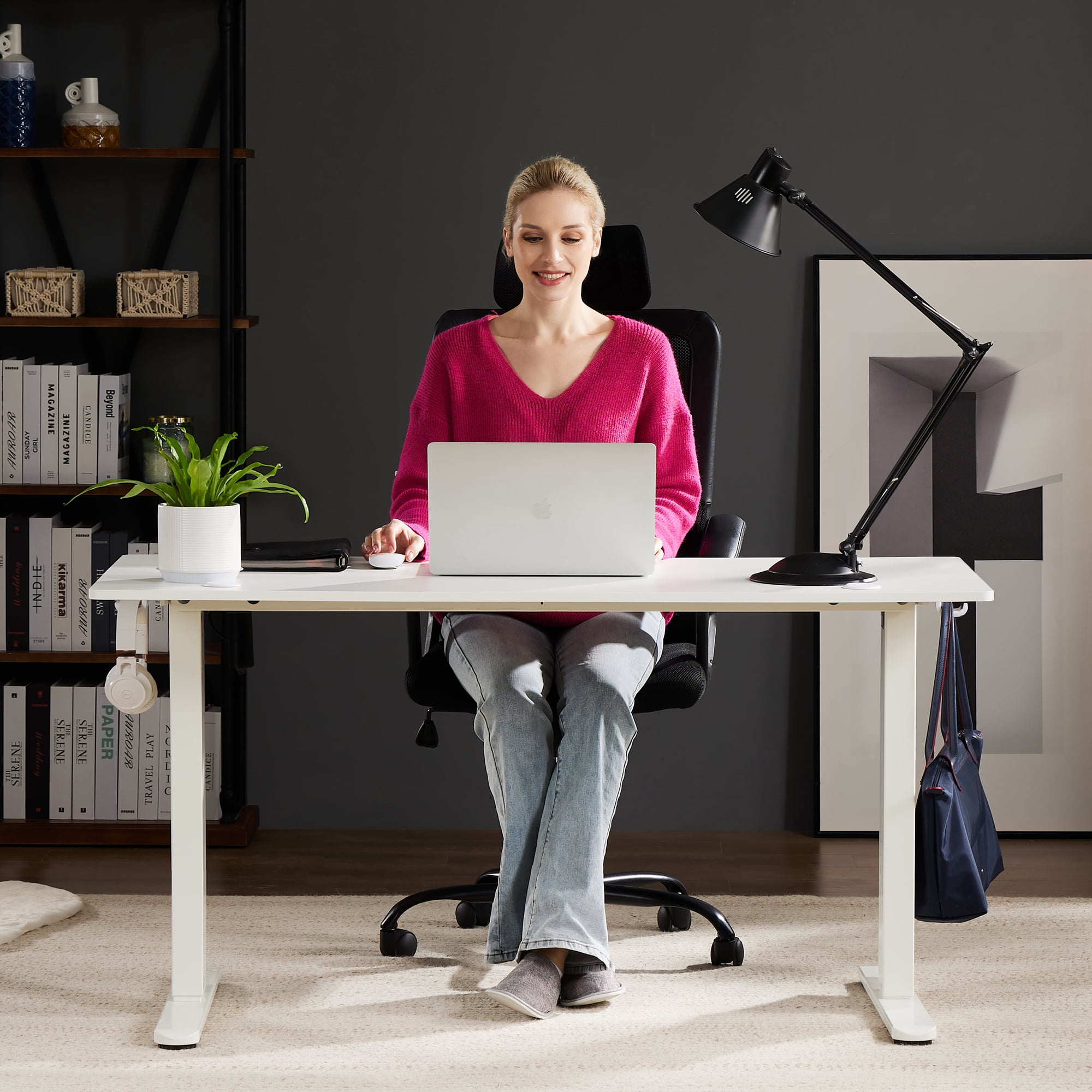 Electric Adjustable Height Standing Desk - 55 x 24 inch Sit to Stand Up Desk with Splice Board,White