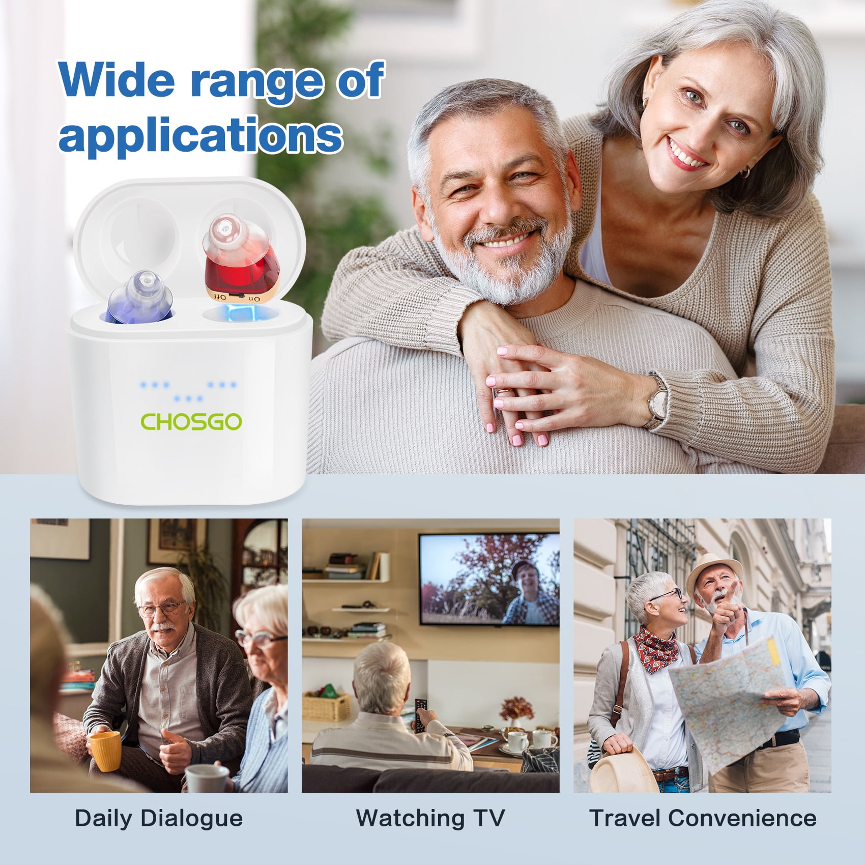Chosgo Rechargeable CIC Hearing Aids for Seniors with Noise Cancelling, Hearing Amplifiers for Ear with Portable Charging Case, Mini CIC Hearing Aids with 12-Channel(Red&Blue)