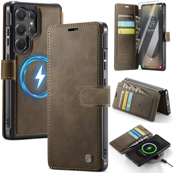 Dteck Flip Wallet Case for Samsung Galaxy S26 Ultra with Screen Protector, PU Leather RFID Blocking Card Holder Shockproof Magnetic Phonoe Cover,Brown