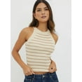 thumbnail image 3 of Halter Tank Tops for Women Summer Striped Stretchy Ribbed Knit - Shirts Slim Fitting Pale Pinkish Gray M, 3 of 6