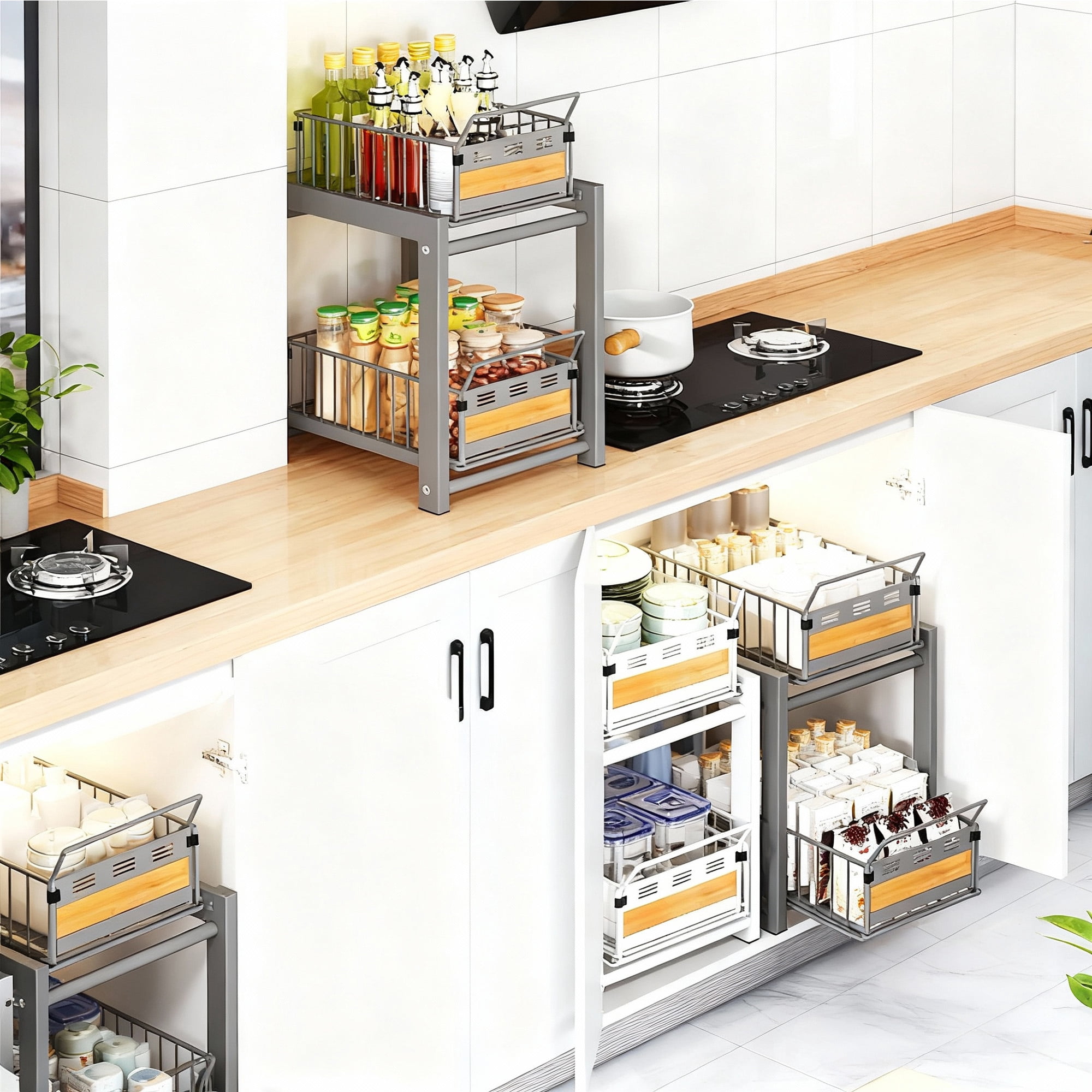 2-Tier Metal Under Sink Storage, Multi-Purpose Pull Out Cabinet Organizer, White Double Sliding Basket Organizer for Kitchen, Bathroom,