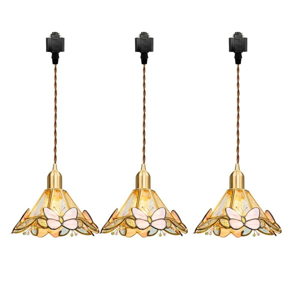 Kiven H-Type track lighting pendants,3-Light Tiffany Style h track pendant lights with Stained Glass Lampsade,Decorative Track Lighting Fixture for Hallway Kitchen Island DZ0488