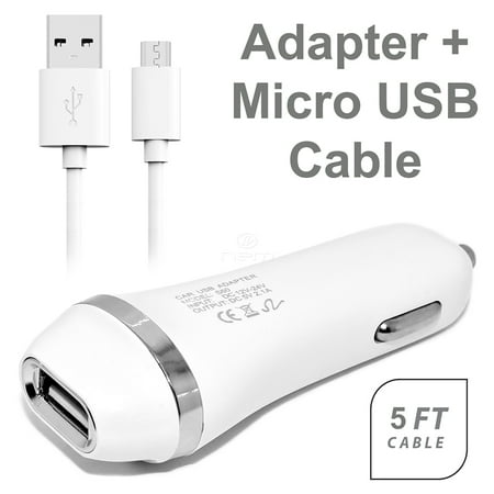For ZTE Citrine Cell Phones 2.1 Amp USB Car Charger Adapter + 5 Feet Micro USB Cable 2 in 1 Accessory Kit White