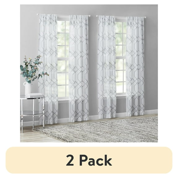 (2 pack) Mainstays Modern Geometric Embroidered Rod Pocket Sheer Curtains, Set of 4, Gray, 28" W x 84" L