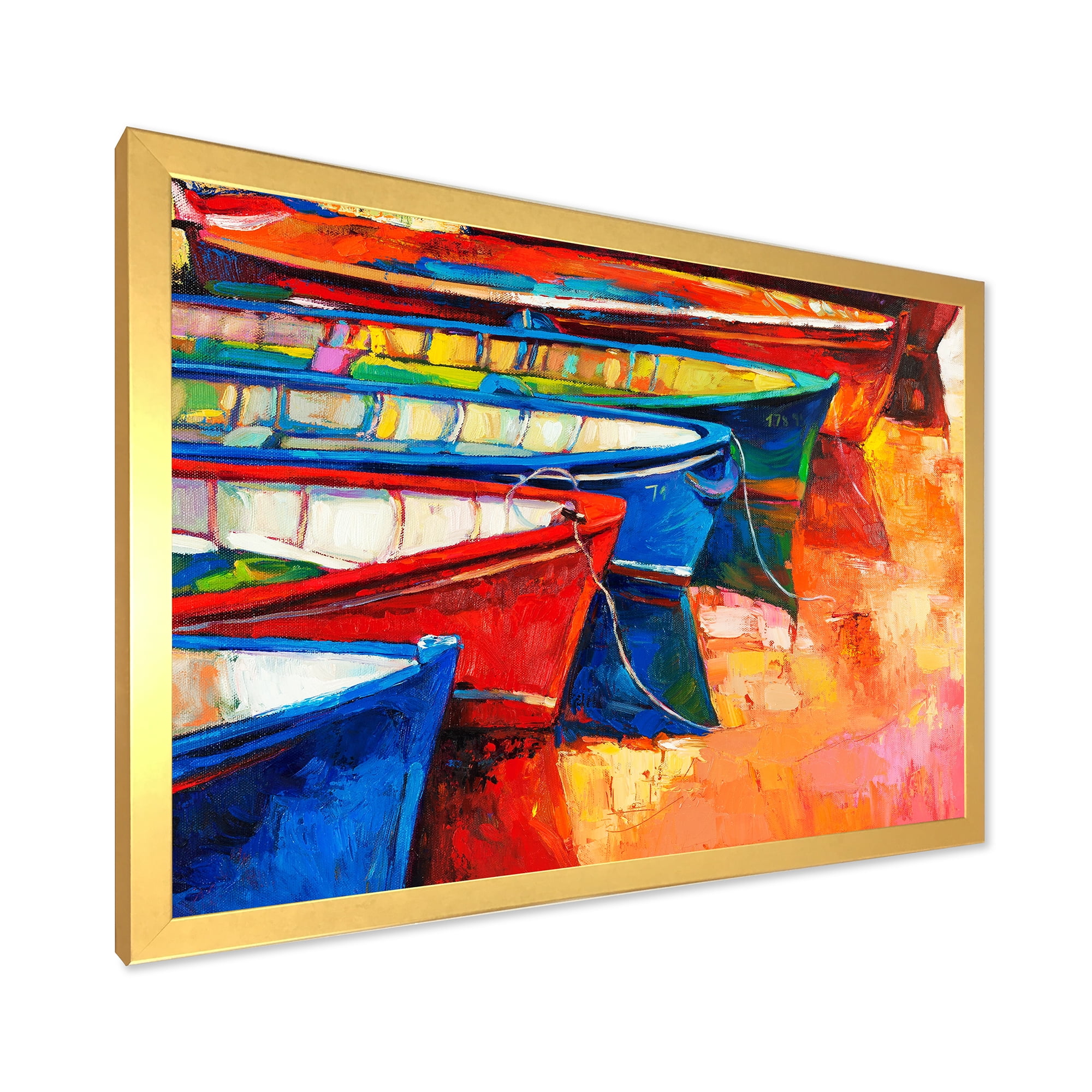 Boats During Warm Colour Sunset In The Harbor II 32 in x 16 in Framed Painting Canvas Art Print, by Designart