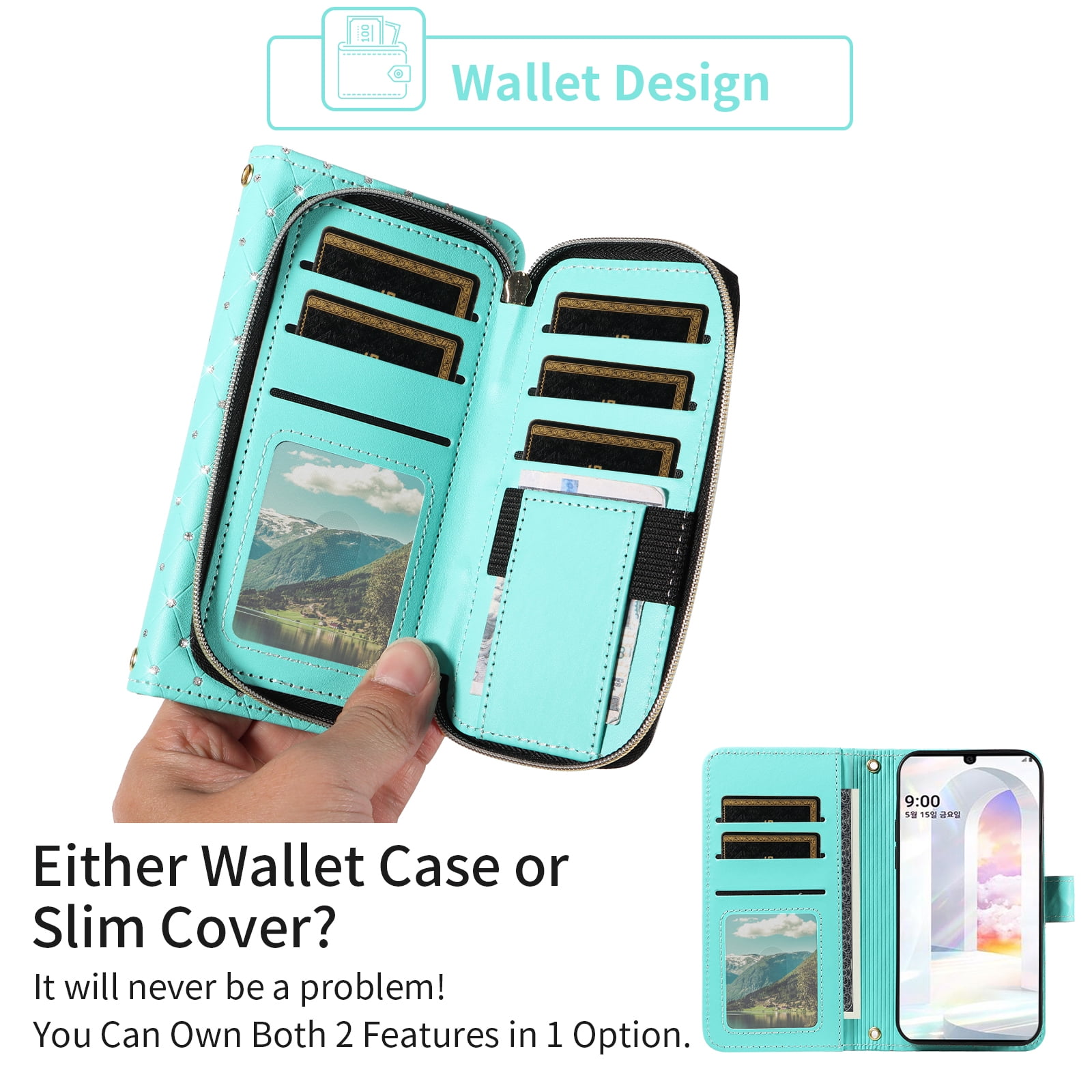 Asuwish Wallet Phone Case for LG Velvet 5G/LGVelvet Verizon G5 UW T-mobile 2020 Tempered Glass Screen Protector Bling Glitter Crossbody Lanyard Strap Flip Zipper Purse Card Holder Cell Cover Green