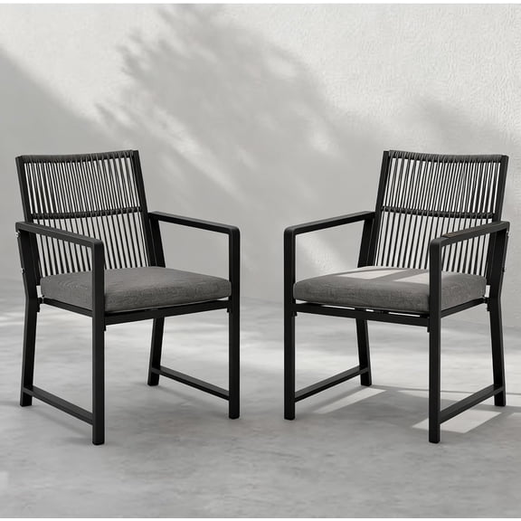 Patio Dining Chairs Set of 2 Metal Outdoor Chairs with Cushion Rattan Arm Chair Black