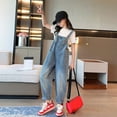 thumbnail image 4 of ibiyuan Girls Denim Overalls Casual Wide Leg Jumpsuit Elastic Waist Suspenders Jeans with Pockets Fashion Personality Pants Sky Blue,10-11 Years, 4 of 7