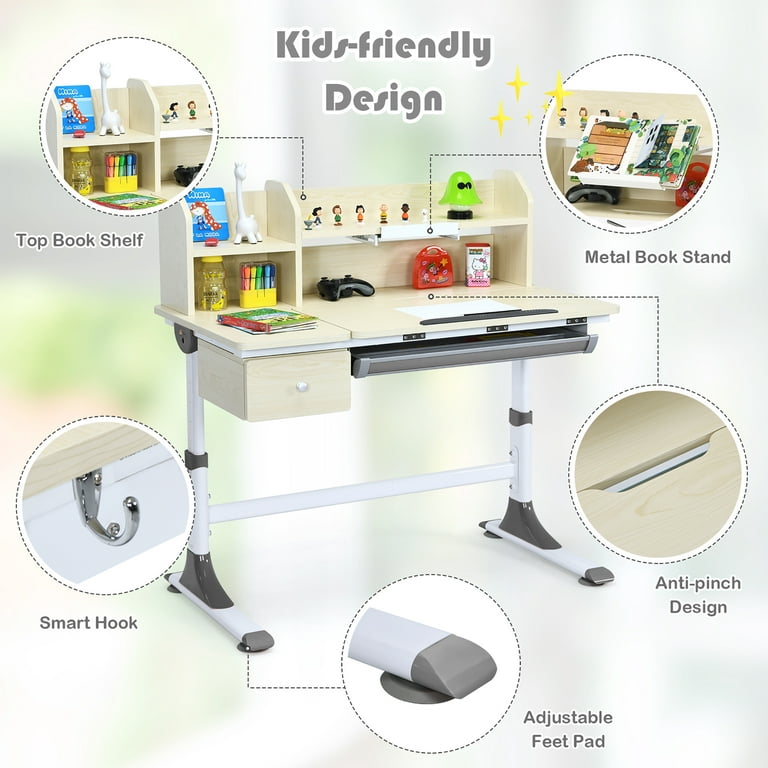 Costway Adjustable Height Kids Study Desk Drafting Table w/Bookshelf&Hutch  Grey 