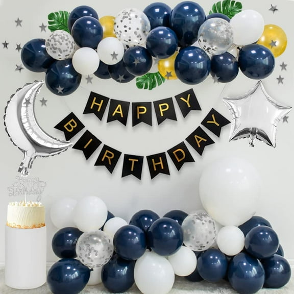 MMTX Men Birthday Decorations, Navy Blue White Silver Gold Balloon Garland with Silver Confetti Balloons Stars Moon Silver Foil Balloons for Baby Shower Graduation Boy Birthday Anniversary