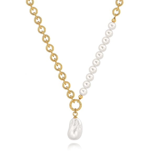 CANEVINKA Dainty 18K Gold Plated Oval Chain Choker Baroque Pearl Necklace for Women Vintage Irregular Pearl Pendant with Beaded Chain Handmade Adjustable Jewelry
