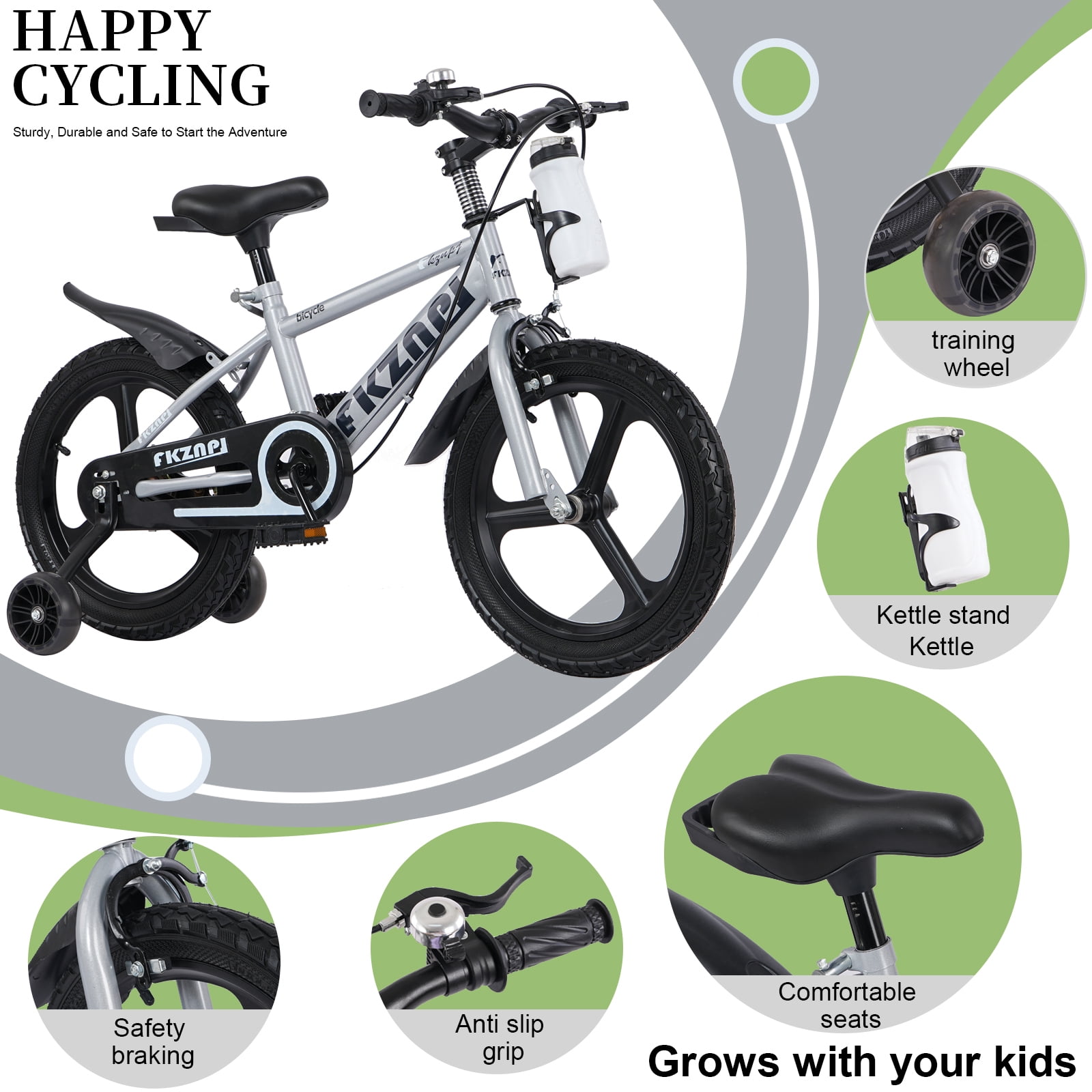 18" Kids Bike for Boys Girls, Toddler Bike with Training Wheels, Bicycle for Kids with Adjustable Seat, Water Bottle, Fits Riders 45"-57", Gray