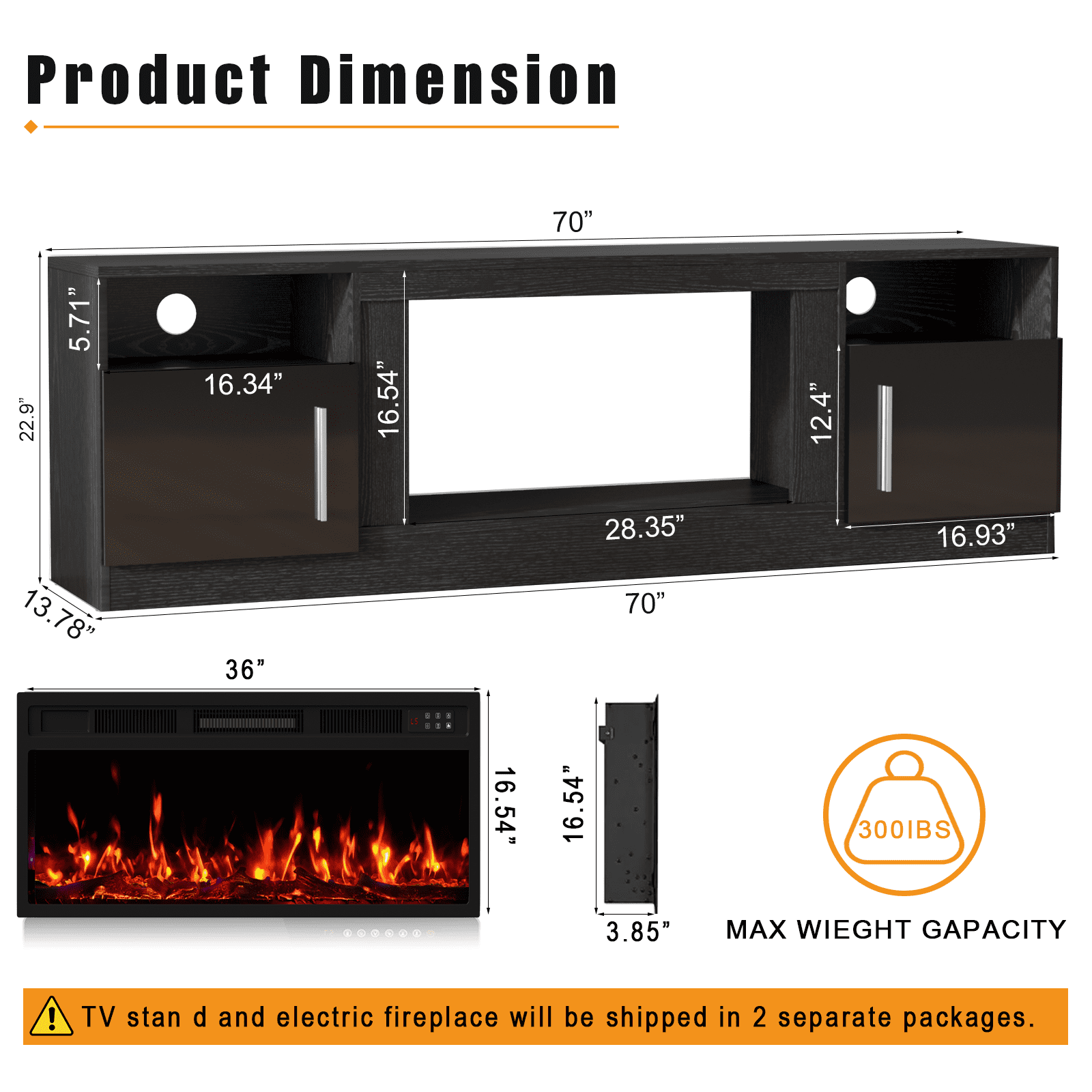 Waleaf Fireplace TV Stand with 36" White Electric Fireplace for TVs Up to 80",70" Modern Wood Media TV Console with Fireplace for Living Room