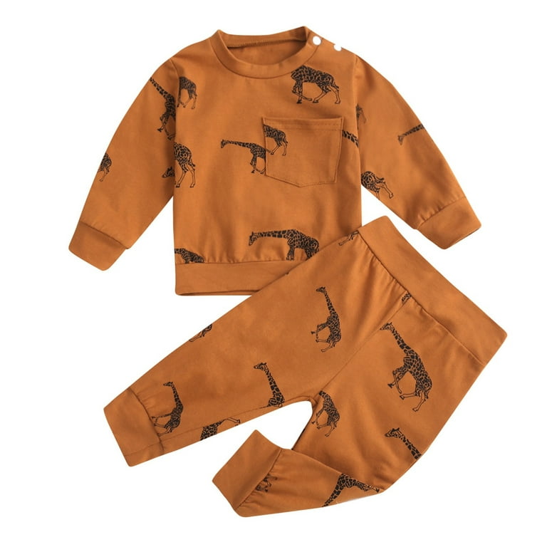 JDEFEG Clothes for 5 Year Old Boys Baby Boys Long Sleeve Patchwork  Sweatshirt Tops Cartoon Print Pants Trousers Outfit Set Baby Tux Coffee 70