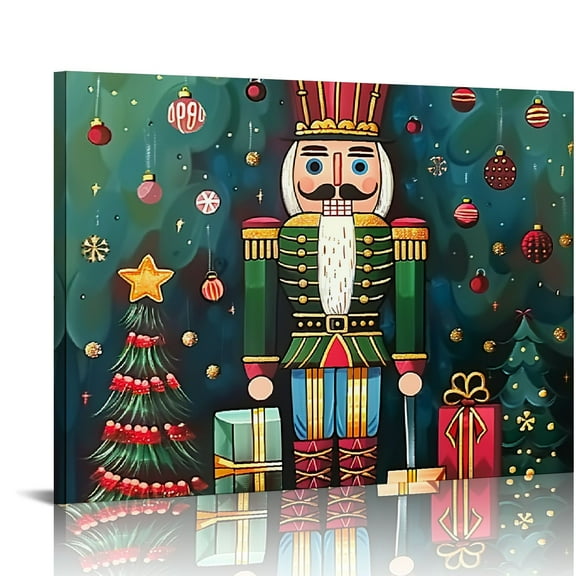 Fenyluxe Art Modern Canvas Prints Nutcracker Christmas Tree Presents Ready To Hang Wall Decorations for Home Room Decor Bedroom Kitchen Pictures 16x12in