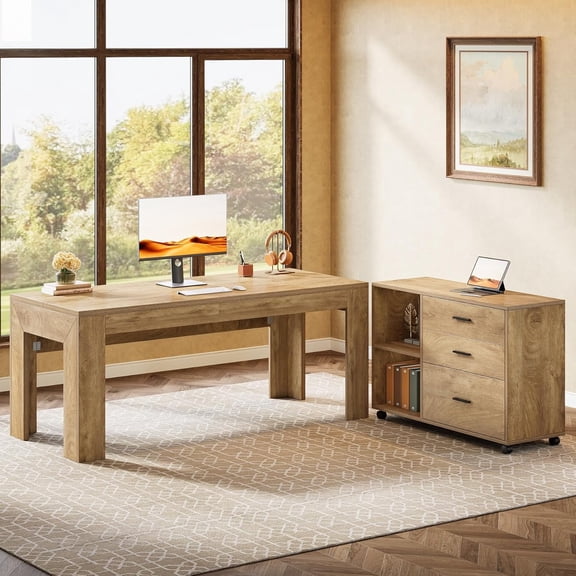 Tribesigns 63" L Shaped Desk with Storage, Executive Office Desk with Mobile Lateral File Cabinet