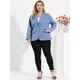 thumbnail image 3 of Women's Plus Size Denim Jacket Notched Lapel Color Block Stretch Blazer Light Blue 3X, 3 of 6