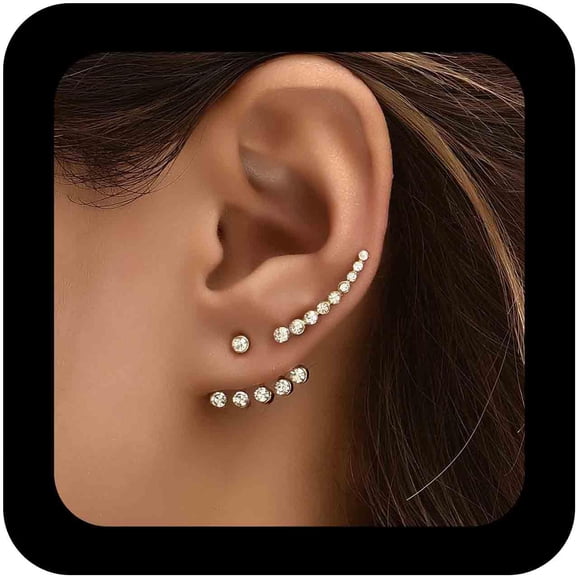 Bohemian Crystal Ear Jacket Earrings - Climber Studs, Silver Rhinestone, CZ Front Back Two Ways Set - Jewelry for Women