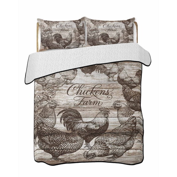 Quilts Twin-XL Size Bedding Set, Brown Vintage Rooster Lightweight Quilted Comforter, Farmhouse Wooden Chickens Farm Soft Reversible Bedspread Coverlet with Pillow Covers for All Season, 68" x 98"