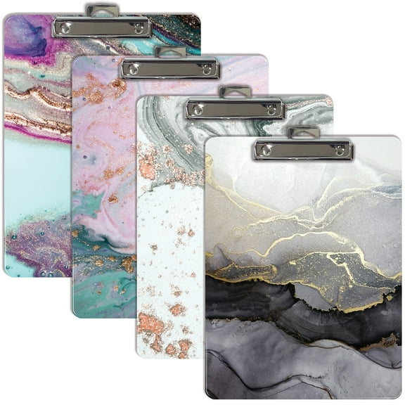 Fashion Clipboard (4 Pack), Standard A4 Letter Size, 12.5" x 9", Wooden Clipboard, Low Profile Clip with Retractable Hanging Tab, Decorative Clipboard, by Better Office Products (Marble Designs)