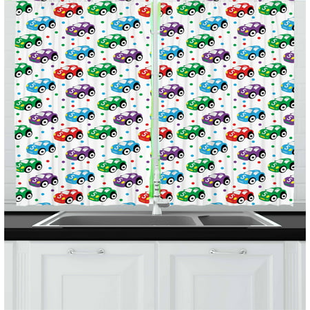 Cars Curtains 2 Panels Set, Children Baby Boy Toy Figures Pattern with Dots Number Five Cars for Joyous Play Time, Window Drapes for Living Room Bedroom, 55W X 39L Inches, Multicolor, by