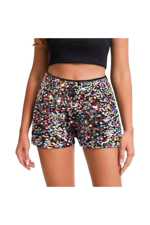 xingwang Clearance Plus Size Shorts for Women High Waisted,Women's Sequins Shorts High Waist Elastic Glitter Party Shorts Sexy Fashion Hot Pants Multicolour XL
