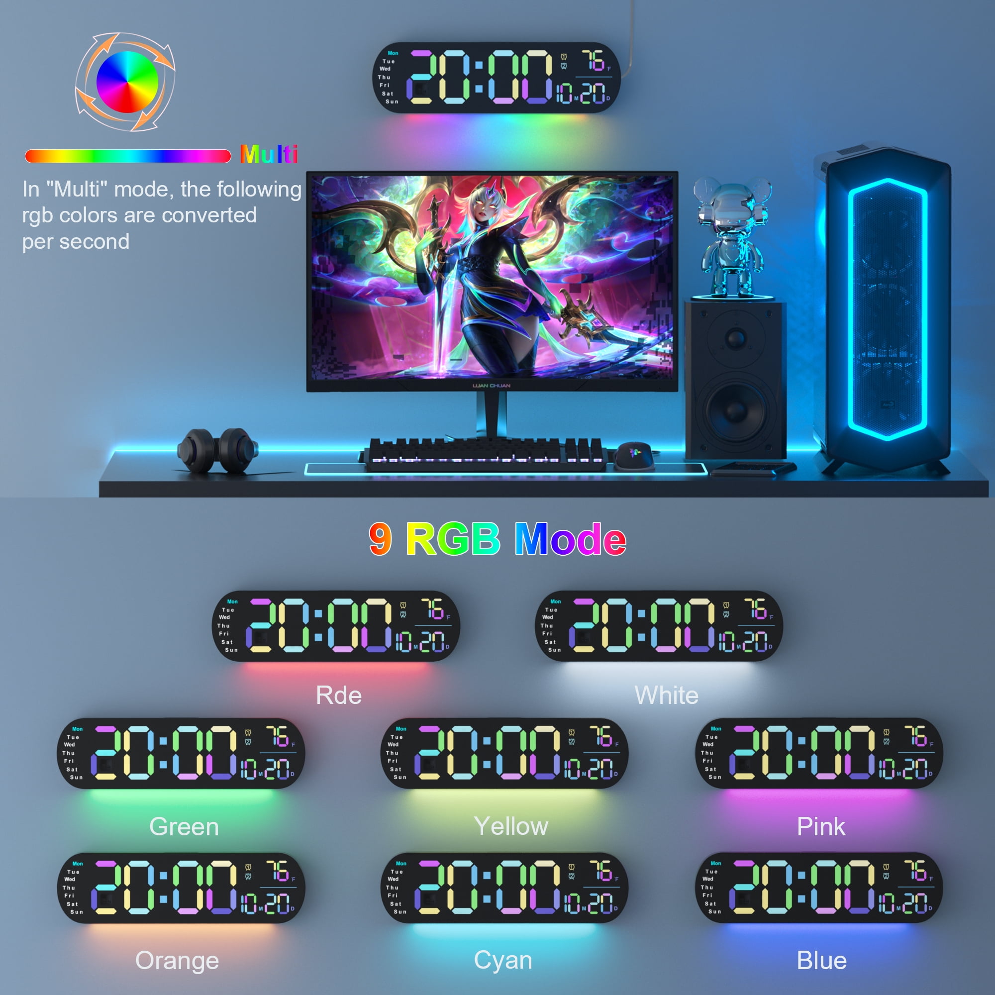 Hansang Digital Wall Clock with Remote Control, Auto-Dimming and 9 Colors, The Large Digital Clock Features a 13.7-In Wide Display