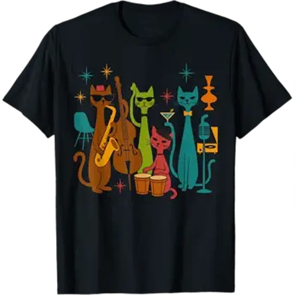 Vintage Mid Century Modern Look Cat Band 50s 60s Style T-Shirt