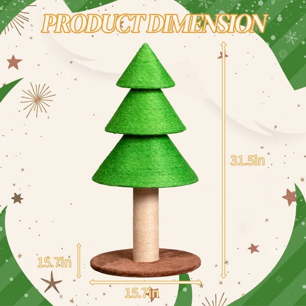 Christmas Tree Cat Scratcher Tower (31.5in), Grass Green Festive Design, Sisal Rope Scratching Post, Fleece Lounge Base for Indoor Cats