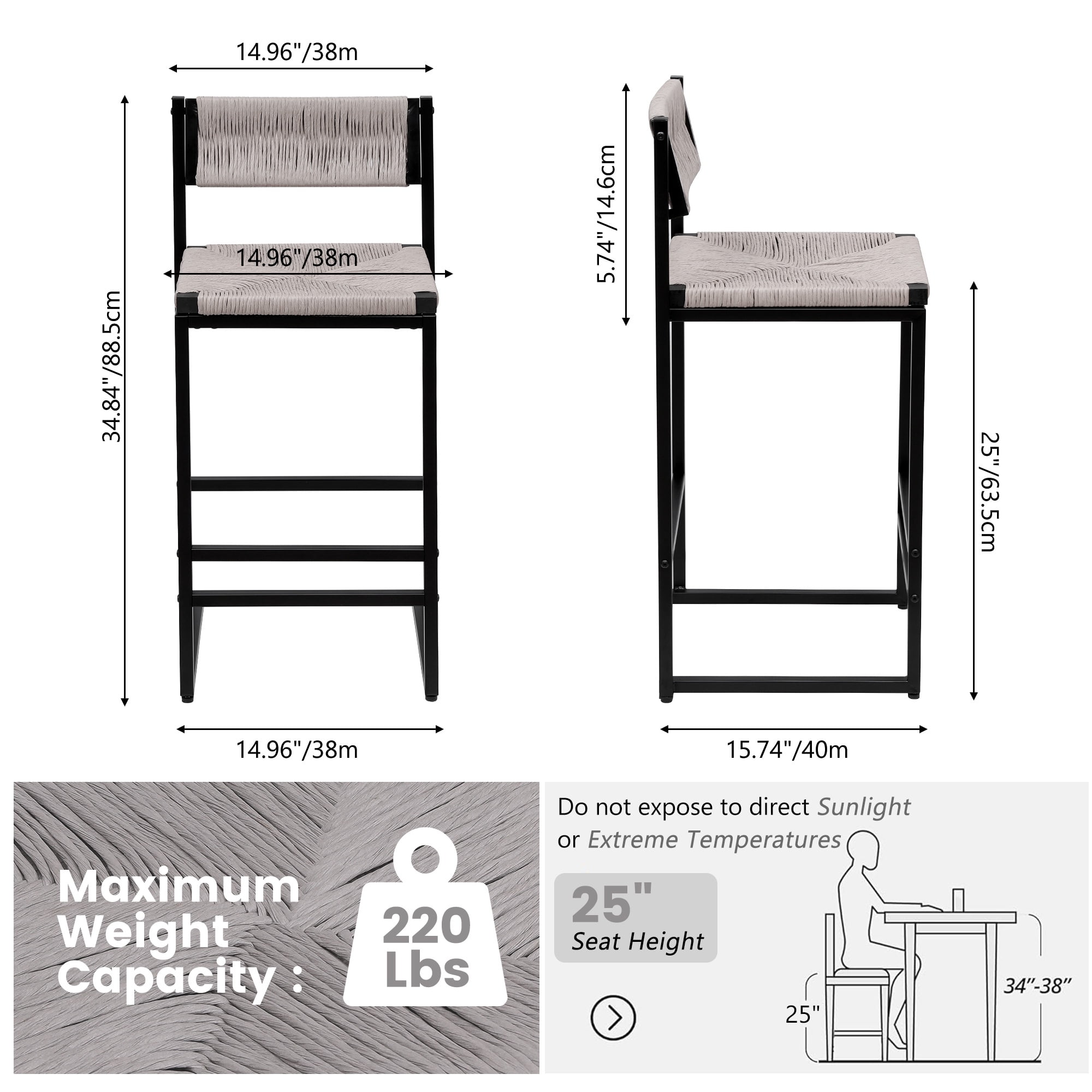 SYNGAR Bar Stools with Back Sets of 2, Woven Bar Chair with Metal Legs, Counter Height Bar Stools, Bar Chairs for Kitchen Bars Restaurants, Tufted Barstools Set, Gray