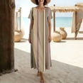 thumbnail image 3 of Pounoo Maxi Dresses for Women V Neck Short Sleeve Dresses Minimalist Style Lightweight Breathable Striped Print Side Slit Loose Fit Dresses Gift, 3 of 7