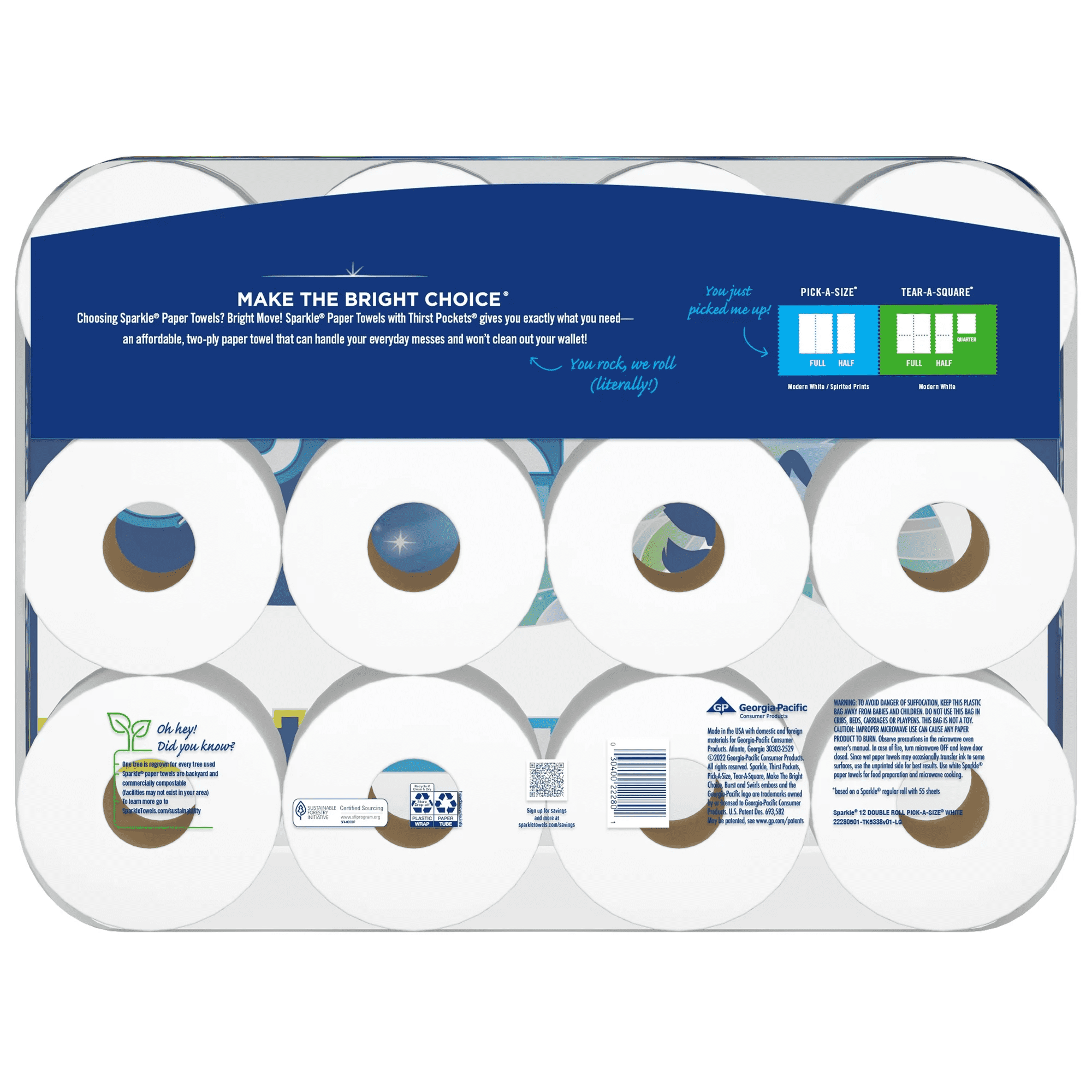 Sparkle Pick-a-Size Paper Towels, White, 12 Double Rolls
