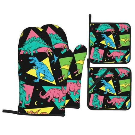 

Oven Mitts and Pot Holders Sets 4 pcs Cartoon Dinosaurs Kids Non-Slip Oven Gloves Potholders Soft Quilted Lining Heat Resistant Gloves Hot Pads for Kitchen Cooking Baking