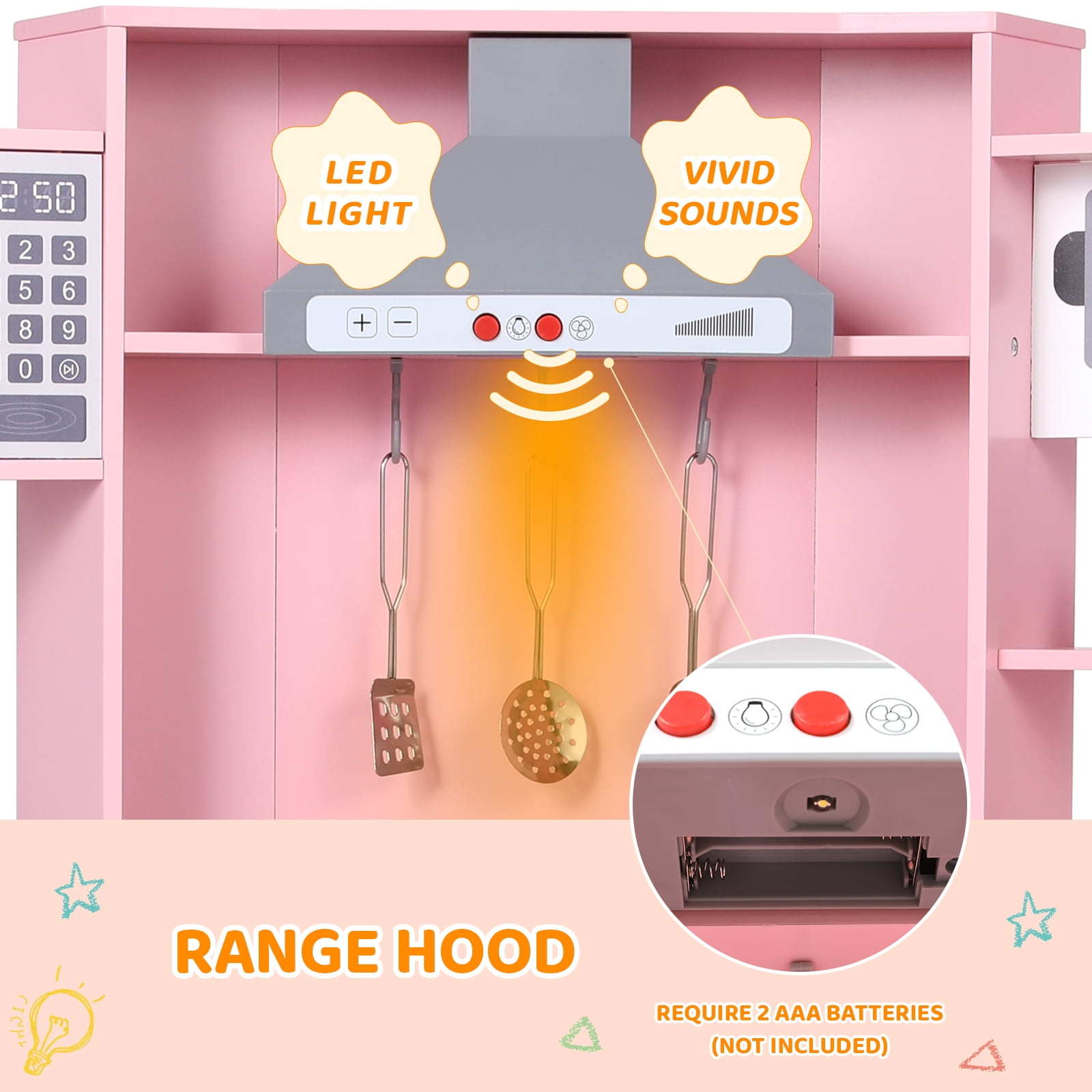 LAZY BUDDY Wooden Corner Play Kitchen Set, Kids Cooking Playset Toddler Pretend Interactive Toy with Realistic Sound & Light