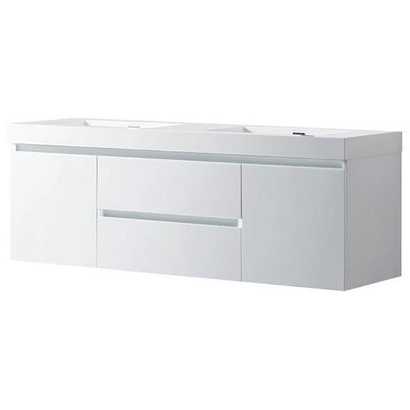 Vanity Art 60" Double Sink Wall Mount Bathroom Vanity Set Engineering Stone Top High Glossy Finish