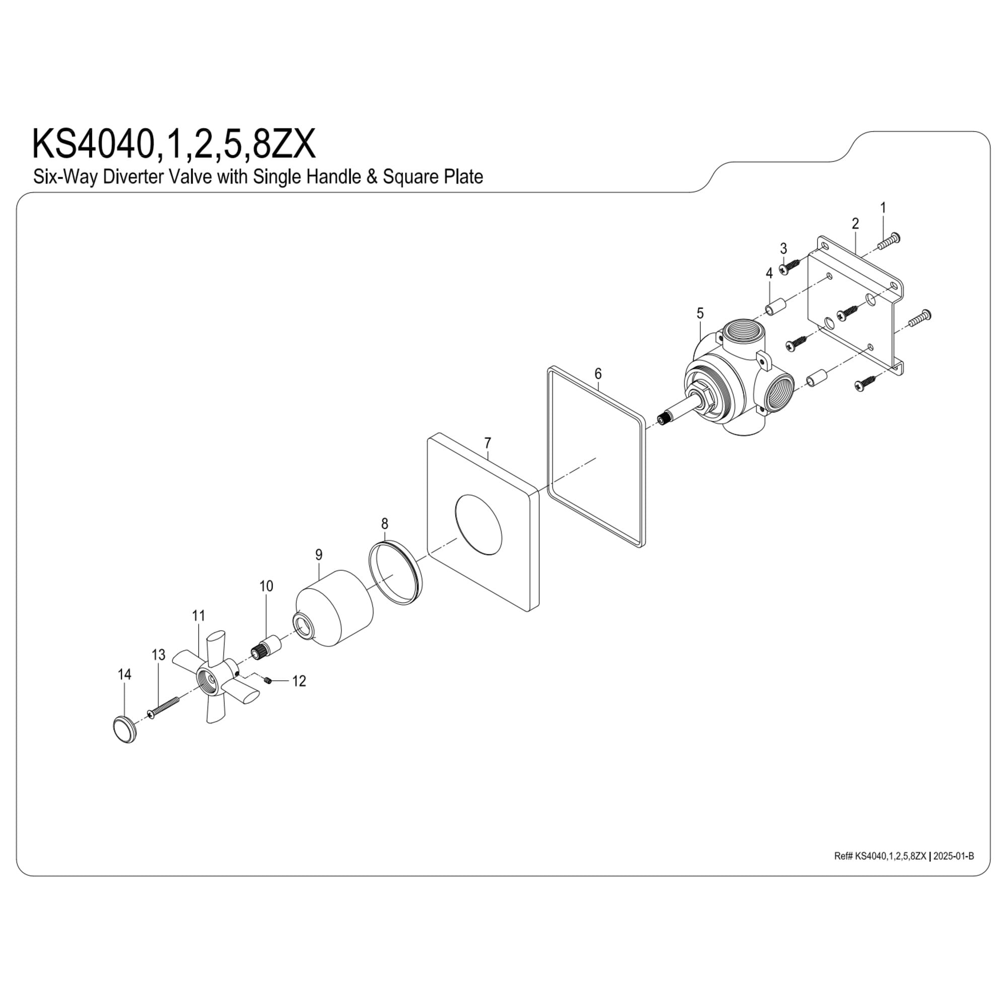 Kingston Brass KS4040ZX Millennium Single-Handle Six-Way Diverter Valve with Square Trim Kit, Matte Black