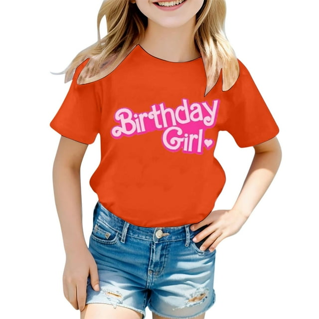 Chemises pour Filles Motif Lettres Décontracté Imprimé Multicolore Col Rond Manches Courtes Hauts pour Filles, T-Shirts Orange 10 Ans-11 Ans