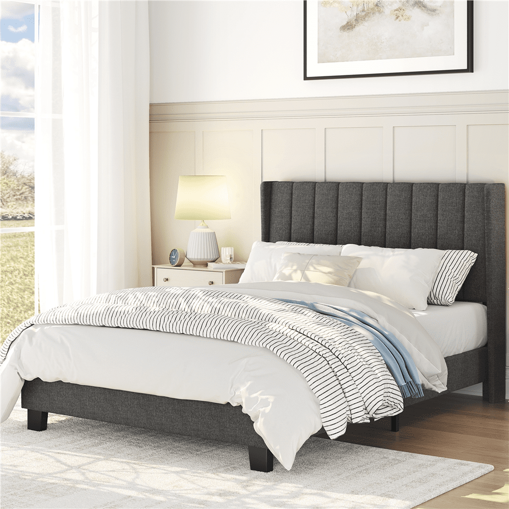 Easyfashion Wingback Bed with Wooden Support Slats with Tufted Headboard, Dark Gray, Full