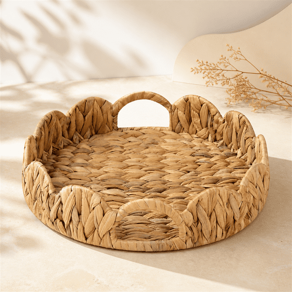 Handwoven Round Scalloped Tray, 13 x 2.8 in Natural Brown Decorative Woven Basket with Handles for Coffee Table, Ottoman, Vanity and Home Storage