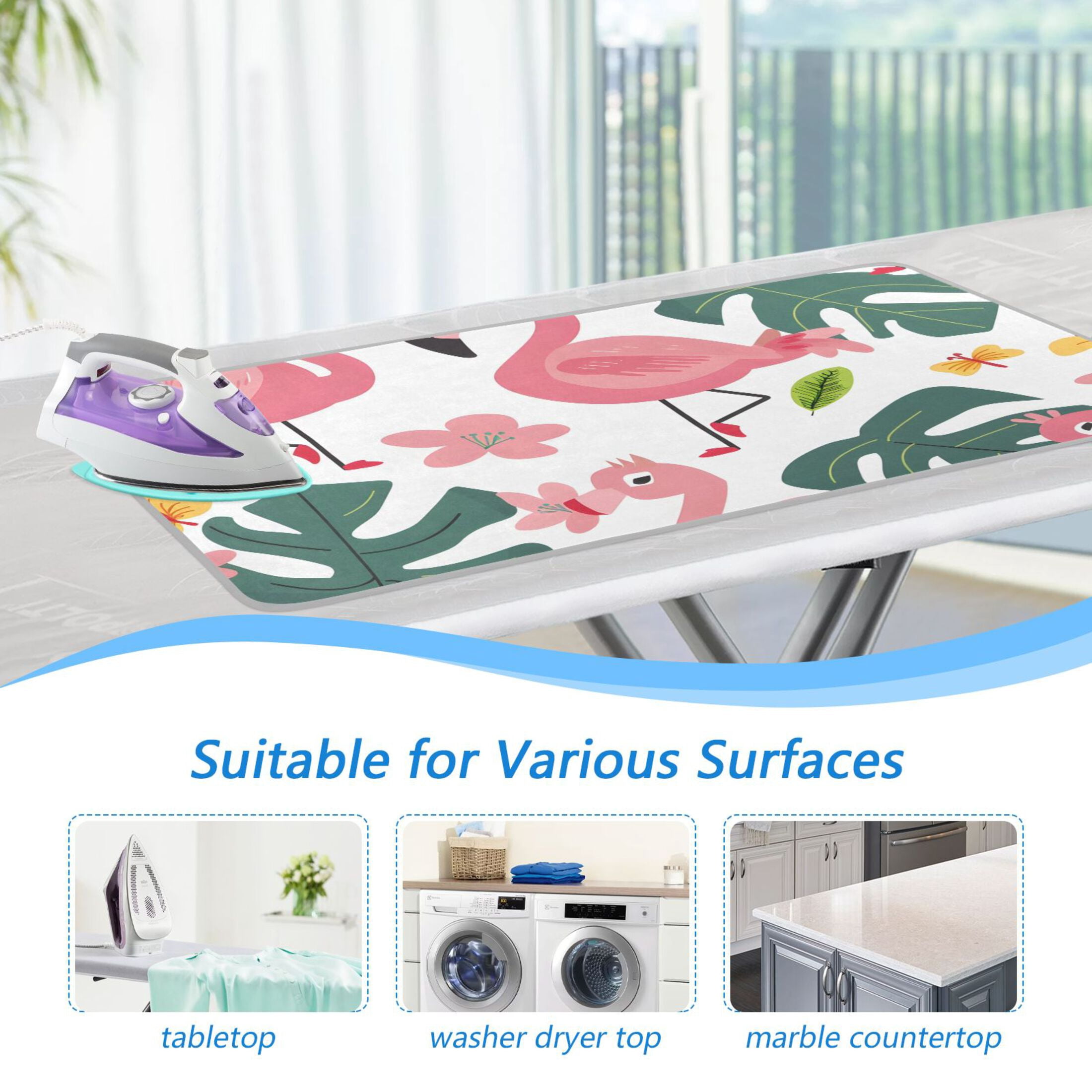 Cartoon Flamingos Flowers Butterflies Leaves Ironing Mat Blanket Portable Travel Ironing Pad Heat Resistant Pad 47.2" x 27.6”