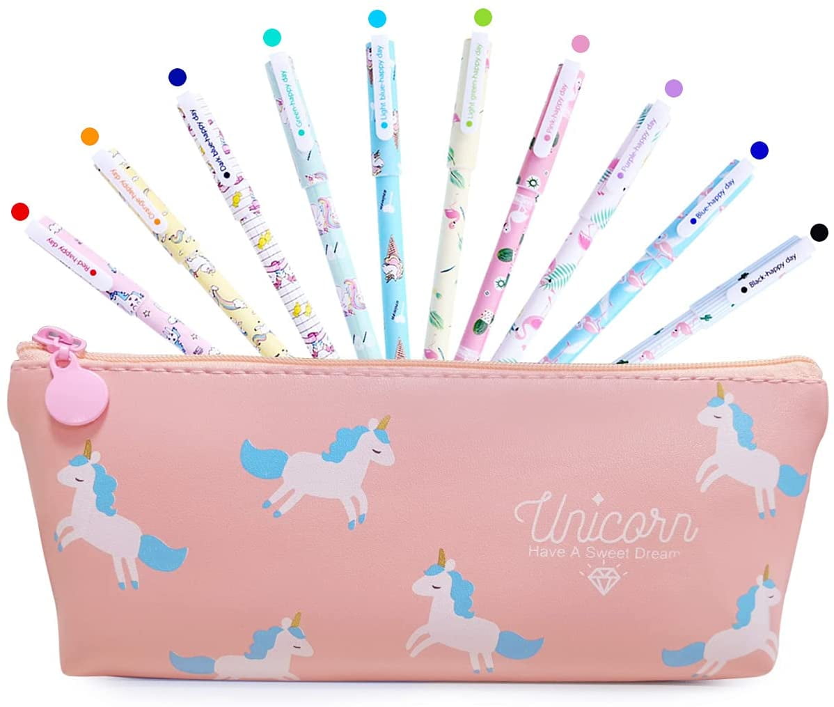 Yansion Unicorn Flamingo Gel Pens Set Cute PU Zipper Unicorn Pencil Case Pouch Bag School Gift for Girls 