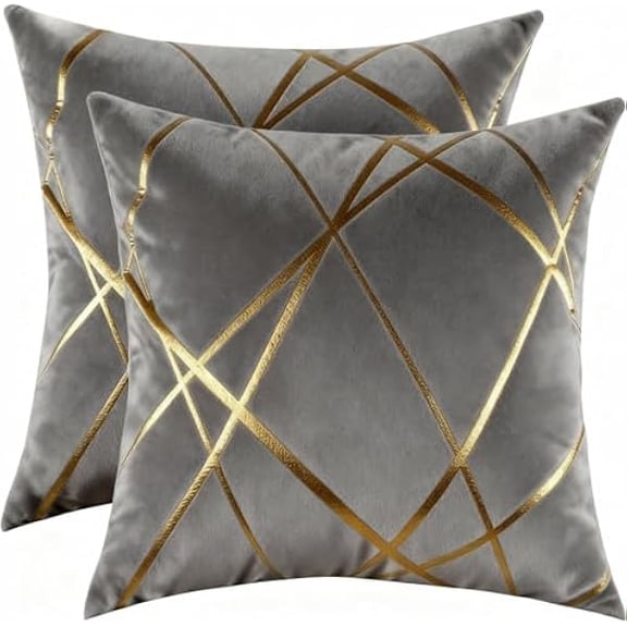 Eryueer Luxury Velvet Cushion Covers 45cm x 45cm Gold Striped Decorative Throw Pillow Covers with Invisible Zipper Cushion Case Couch Pillowcases for Sofa Living Room Bedroom Sets of 2 Gray