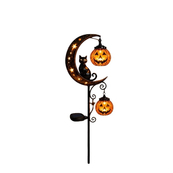 ALORINA Solar Powered Halloween Garden Light with Black Cat and Crescent Moon, Hanging Pumpkin Lanterns for Yard Patio Pathway Decor, 34.25 Inch Metal Ground Stake