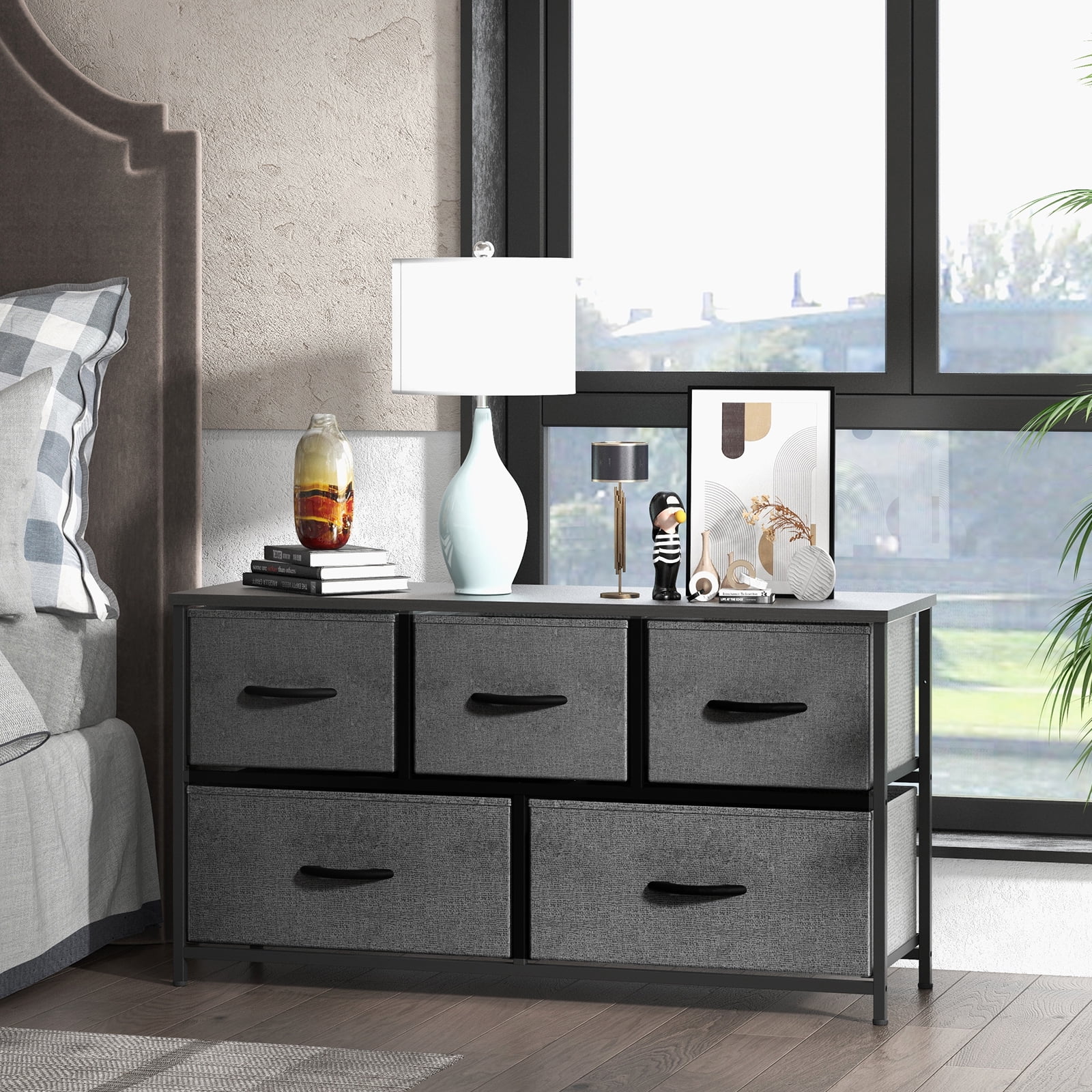 Aukfa 5 Drawer Dresser,Wide Chest of Drawers for Bedroom with Metal Frame for TV,Gray