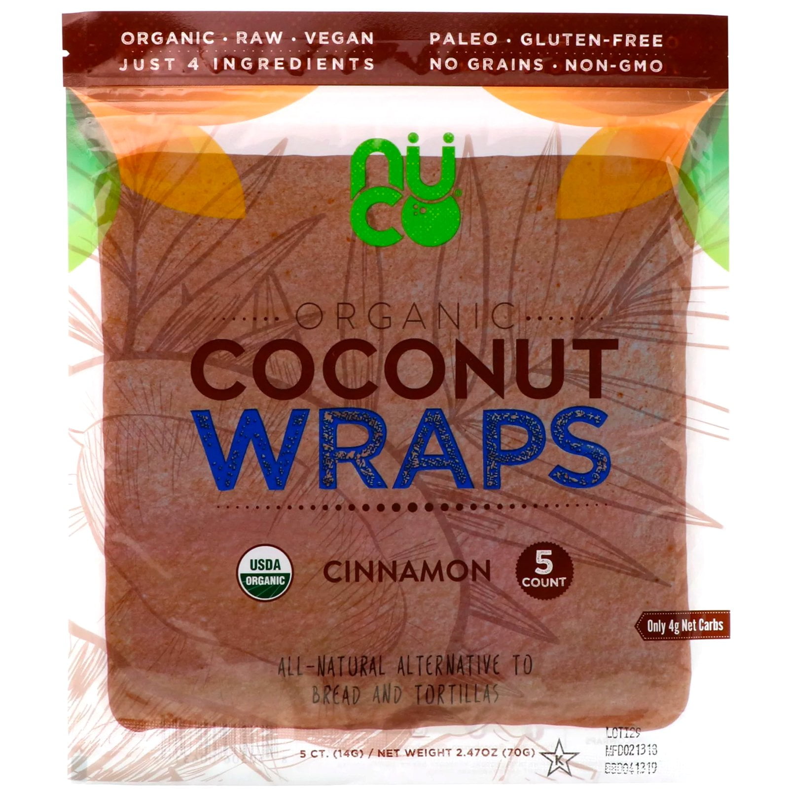 NUCO Organic Coconut Wraps, Cinnamon, 5 Wraps (14 g) Each