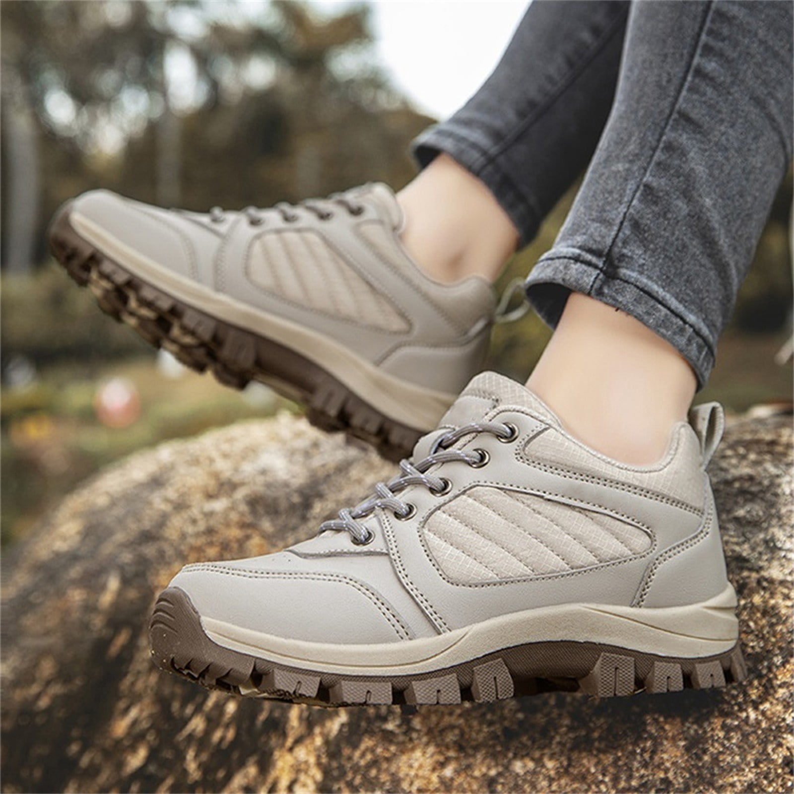 XIMIN Men Women's Hiking Boots Lightweight Breathable Non-Slip Waterproof Casual Low-Top Sneakers for Trailing Trekking Outdoor Leather Walking Shoes (8, Beige)