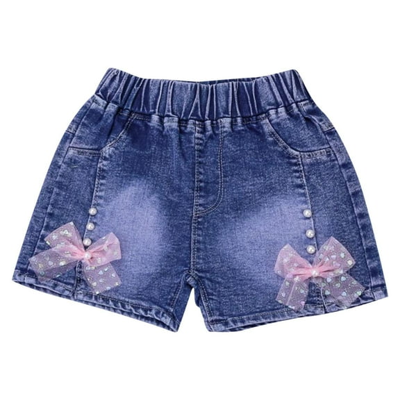 Girls Summer Denim Shorts Bowknot Decor Casual Pull-On Short Jeans Elastic Waist Cute Toddler Shorts 4T