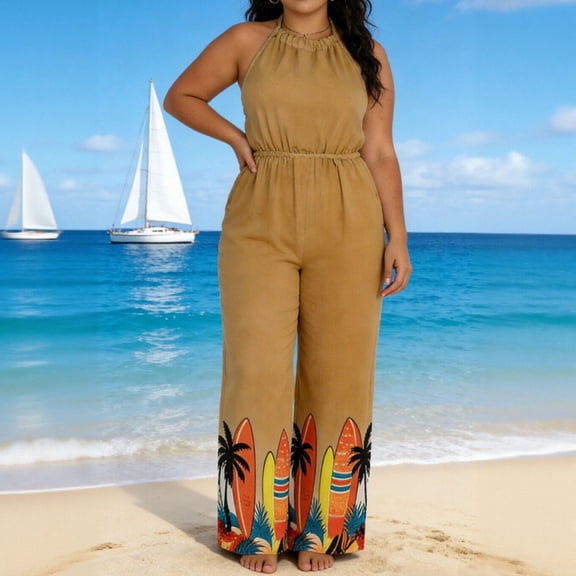 XUNKUSGA Plus Size Jumpsuits for Women Fashion Boho Halter Neck Sleeveless Wide Leg Rompers for Women Classic Drawstring Waist Women's Jumpsuits M-3XL,Brown